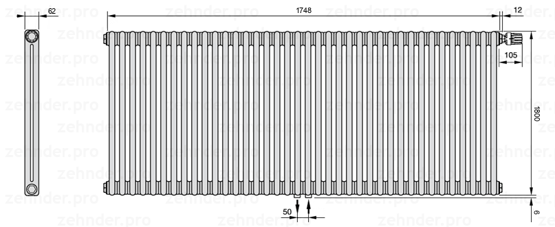 Схема (чертеж) Радиатор Zehnder Charleston 2180/38 №V008 Белый глянцевый RAL 9016